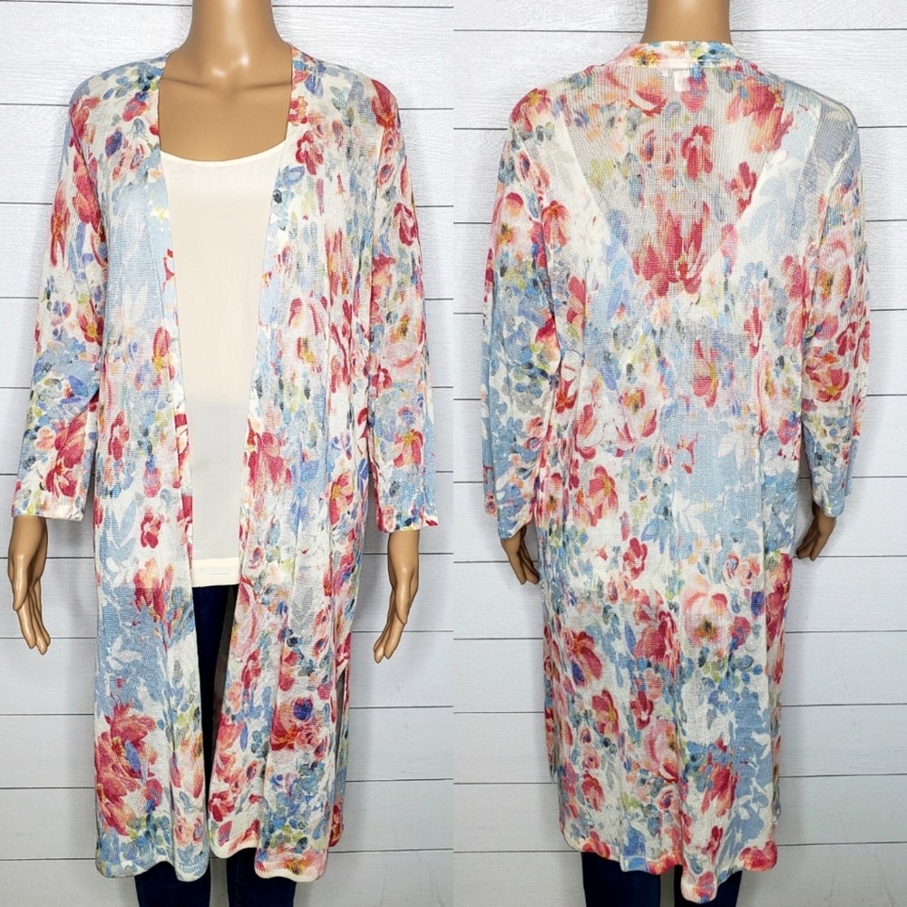 J. Jill Floral Linen-Blend Duster Cardigan Sz M